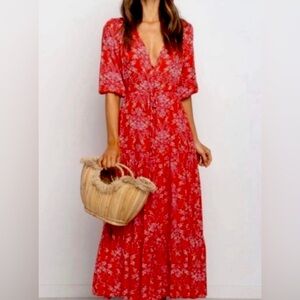 Abel The Label Anthropologie Red floral ruffle midi high low dress size Medium